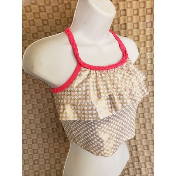 Girls Tankini Criss Cross Halter Ruffle Pink Gold Scallops Swim Top Large NWT - Picture 2 of 9